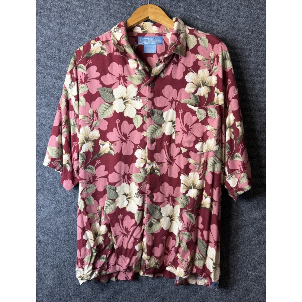 Bermuda Bay Mens Large 100% Rayon Hawaiian Shirt Red Tropical Floral Hibiscus
